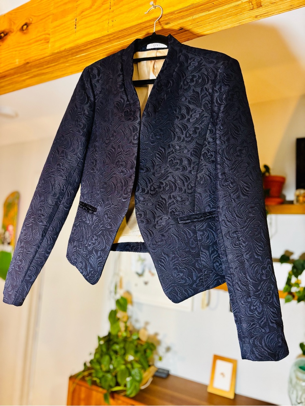 OVI Fashion Navy Blue Floral Jacquard Blazer - Structured High-Couture Fit